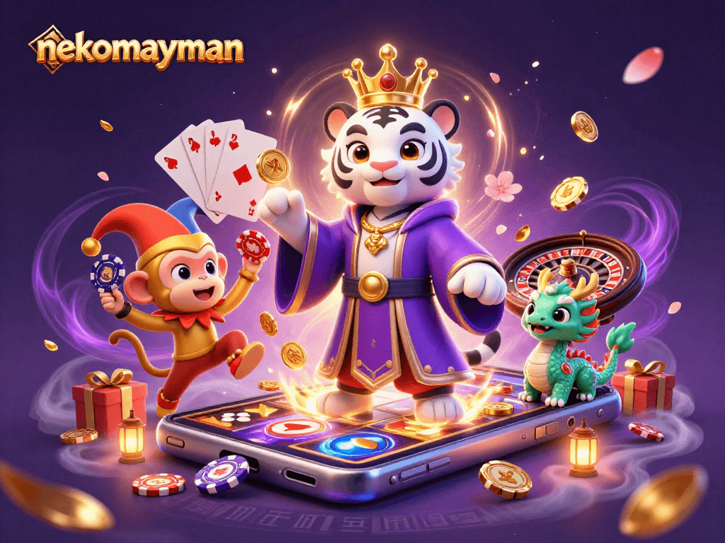 NekoMayman slot game illustration features a tiger, monkey, and dragon with casino elements.