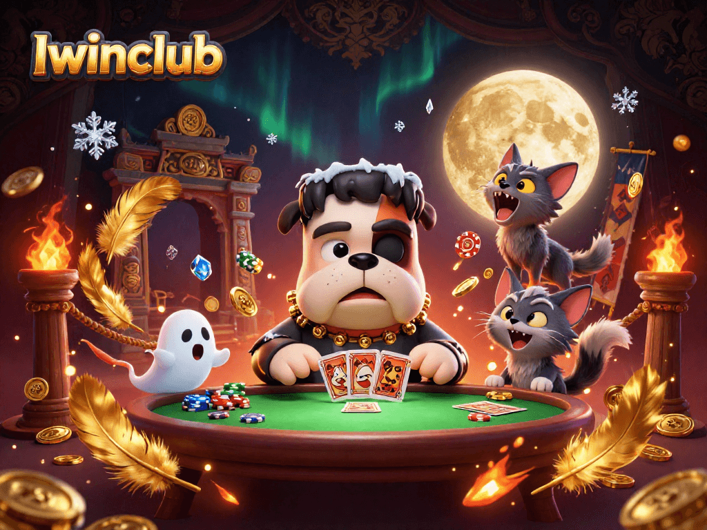 Iwinclub showcases a vibrant 3D casino scene with monsters, cards, and gold coins