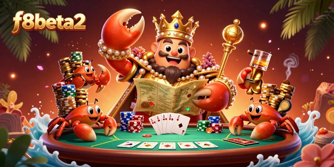 Exciting f8beta2 gaming scene with a massive golden crab emperor, poker elements, and vibrant casino atmosphere.