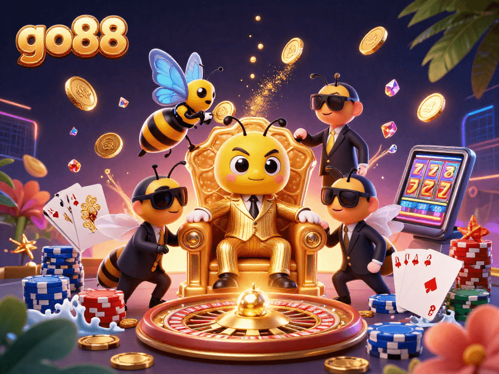 The go88 bumblebee mob boss in a honeycomb throne surrounded by casino elements and winning imagery.