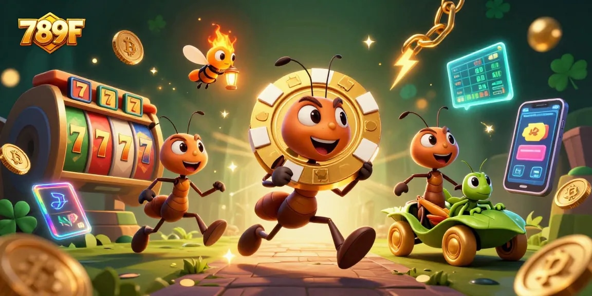 Join the adventure with 789F ants carrying a giant poker chip, navigating a bustling casino scene.