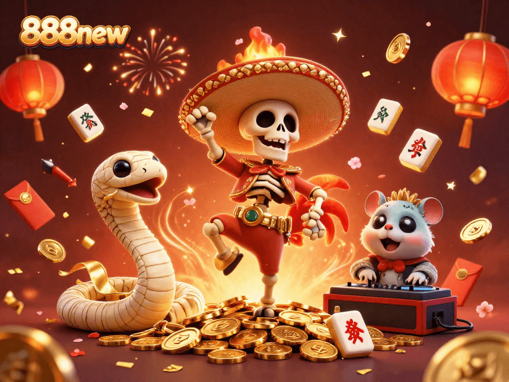 Celebrate big wins with 888new in this vibrant 3D casino illustration featuring unique characters.