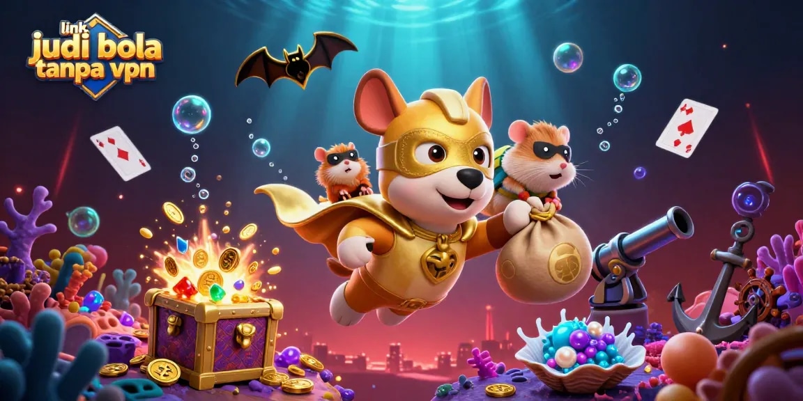 Place bets using link judi bola tanpa vpn, featuring vibrant casino-themed illustration with characters and elements.