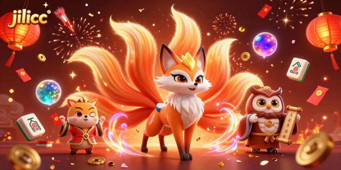 Engaging illustration of jilicc showcasing a nine-tailed fox spirit, owl sage, and colorful casino elements.