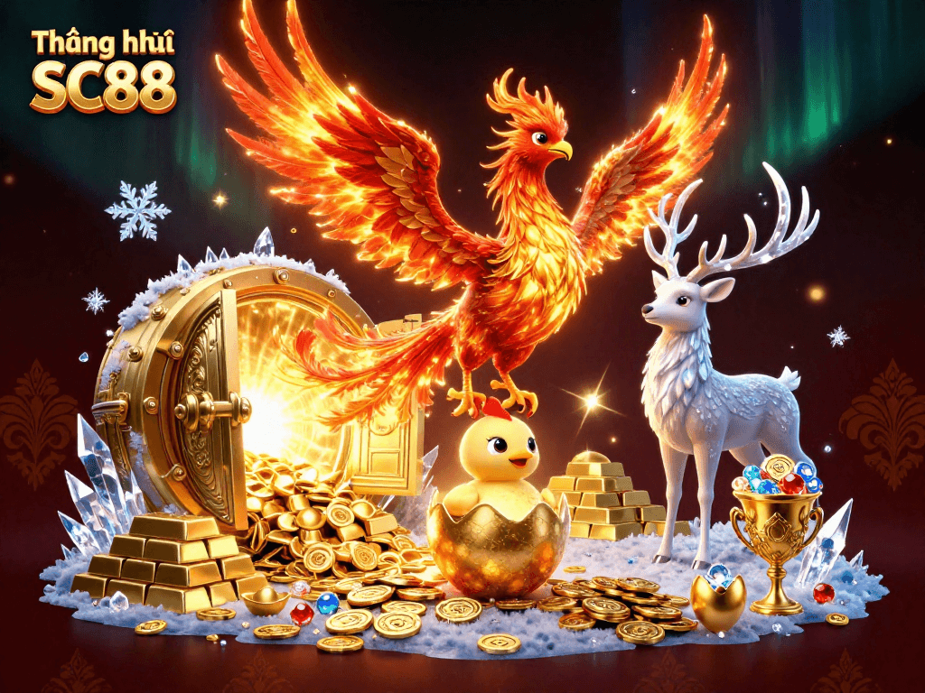 Engaging illustration of Thương hiệu SC88 featuring a fire phoenix, hatching chick, and mystical stag amidst treasures.