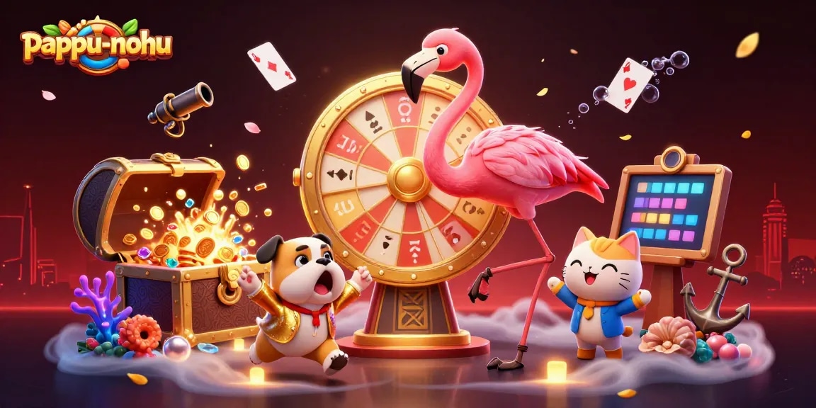 Pappu-nohu game show scene with a flamingo host, bulldog contestant, and cat assistant amid vibrant casino elements.
