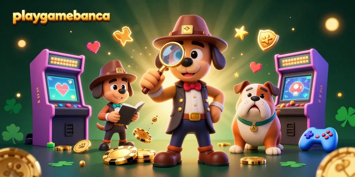 Engage in thrilling gaming action with playgamebanca surrounded by detectives, chips, and colorful arcade elements.