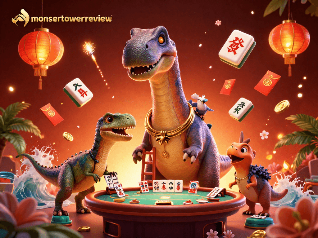 Experience the thrills of monstertowerreview with a colorful 3D casino-themed illustration featuring dinosaurs dealing cards.