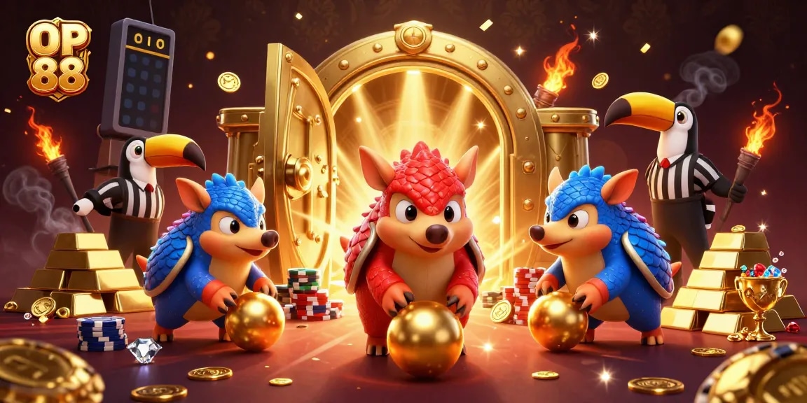 Experience exciting gameplay with OP 88 as rival pangolins roll golden balls and enjoy vibrant casino action.