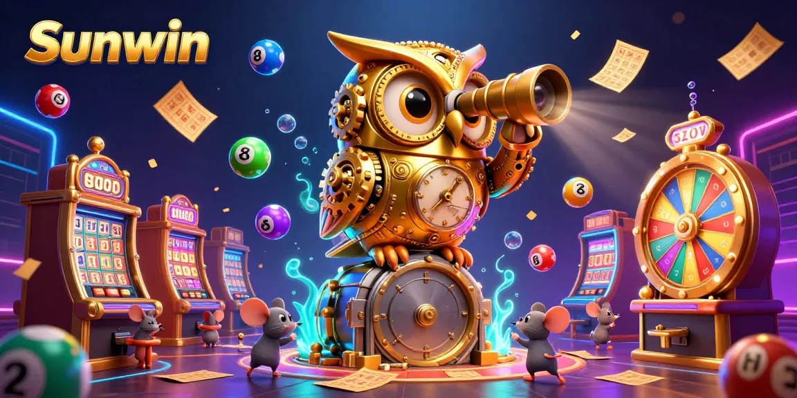 Sunwin attracts players with a dynamic illustration of a clockwork owl overseeing an exciting casino scene filled with lottery balls.