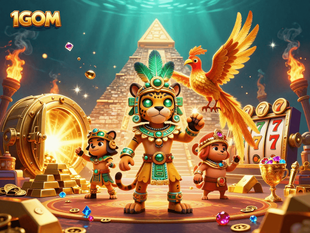 Experience thrilling bets and dazzling jackpots at 1GOM with this vibrant casino illustration.
