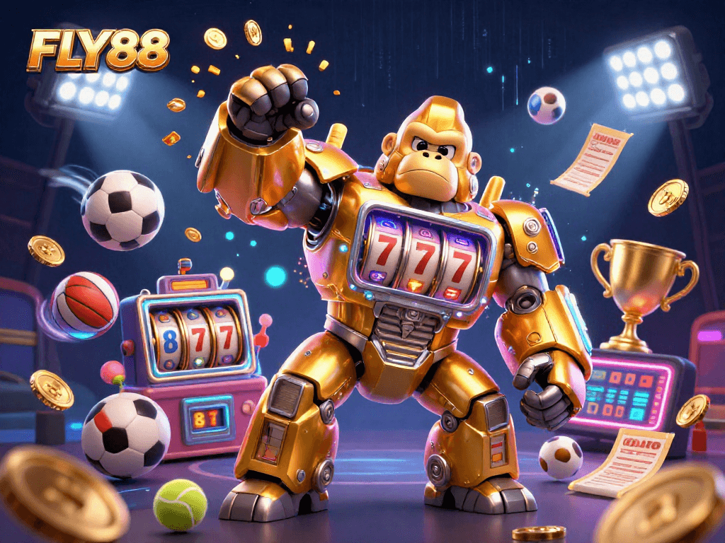 FLY88 offers a thrilling slot experience with a golden gorilla mech and dynamic sports elements.