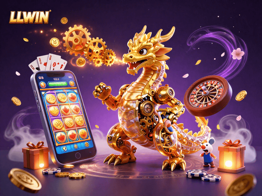 Engage in thrilling gameplay with LLWIN's vibrant casino elements and a magical biomechanical dragon.