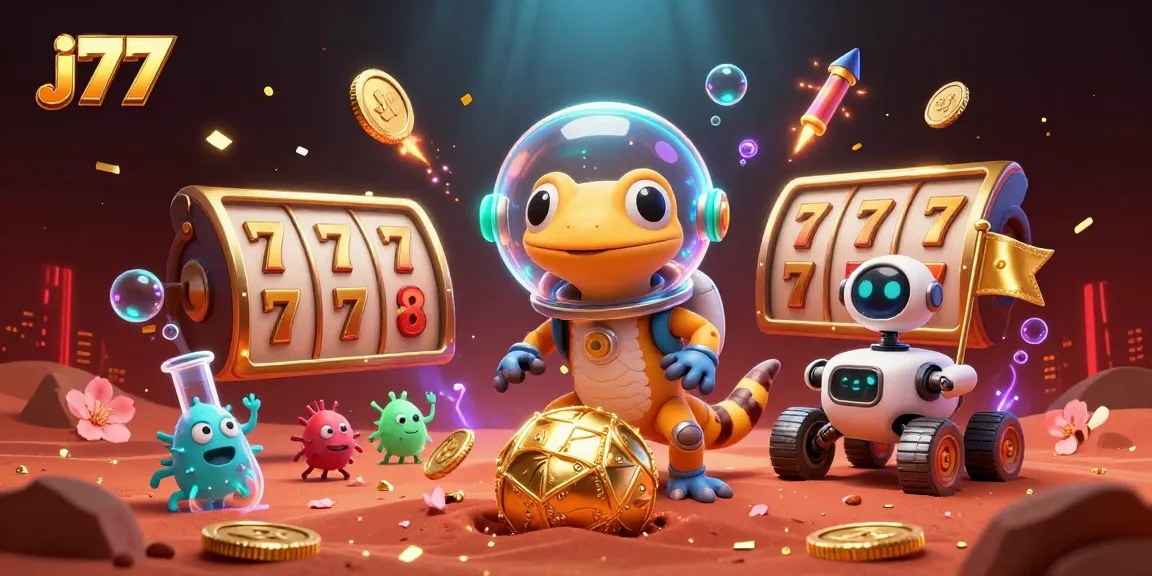 j77 casino experience captured with a Martian gecko discovering a golden casino on Mars.