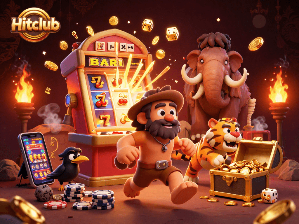 Hitclub casino action scene featuring caveman and sabertooth tiger with jackpot slot machine.