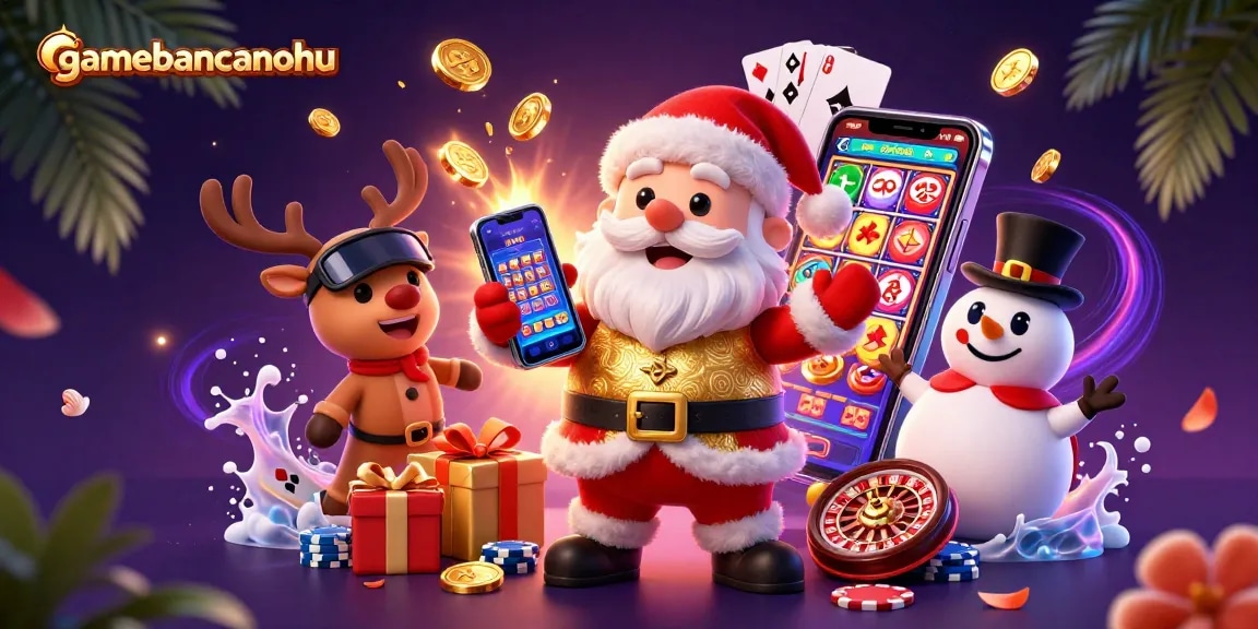 gamebancanohu showcases a cartoon Santa, reindeer, and snowman in a vibrant casino scene.