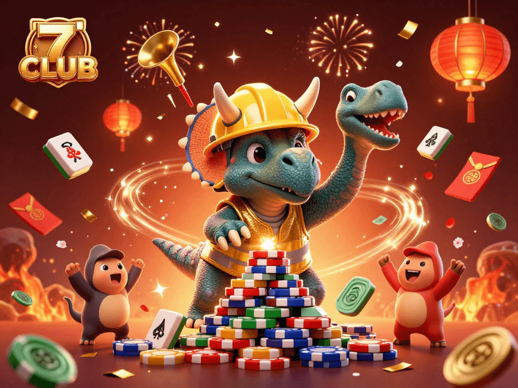 Experience the excitement of 7CLUB with thrilling casino games and vibrant illustrations.
