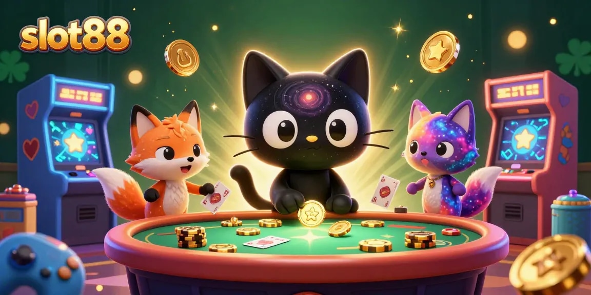 Menangkan dengan slot88 sambil menikmati ilustrasi 3D kucing lubang hitam dan nebula rubah dalam suasana kasino yang menakjubkan.