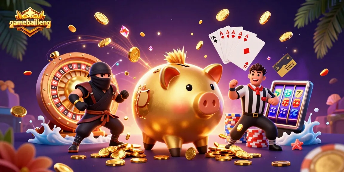 Experience thrilling gameplay with gamebailieng, featuring a piggy bank wrestler among vibrant casino elements.