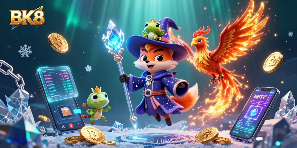 Experience BK8's vibrant casino world featuring a whimsical fox wizard and golden coins.