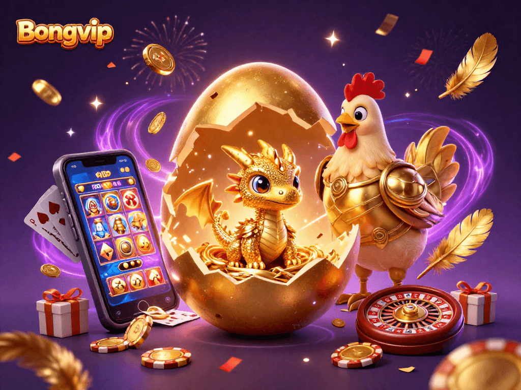 Bongvip offers a magical illustration of a golden dragon and poker chips, celebrating the thrill of online gambling.