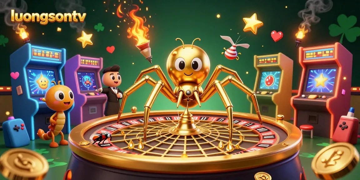 Experience thrilling gaming action with luongsontv's vibrant 3D illustration featuring spinning roulette and arcade atmosphere.