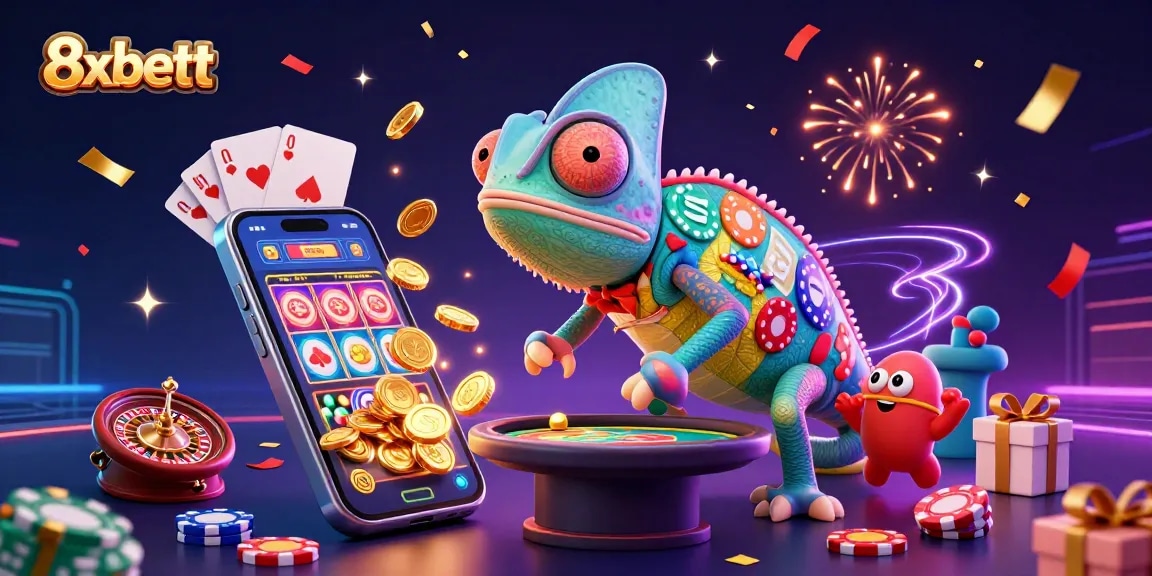 Engage in thrilling gameplay at 8xbett with a vibrant casino scene featuring an energetic chameleon owner.