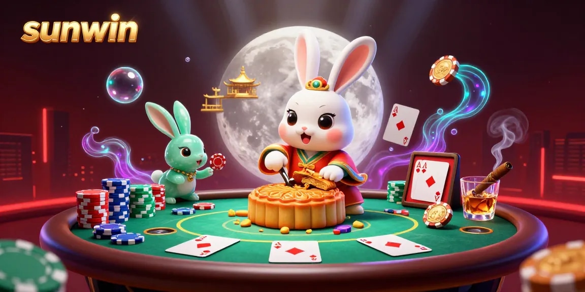 Sunwin moon rabbit highlights poker chips in a vibrant, dynamic 3D casino scene