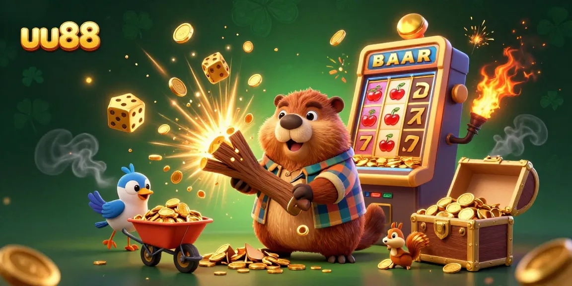 Experience thrilling slots at uu88 with a cartoon beaver and friends collecting endless coins!