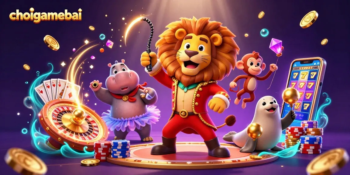 Experience the excitement of choigamebai as cartoon characters celebrate with golden coins and vibrant gaming elements.