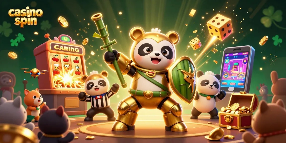 Engage in exciting casino spin adventures with a lively 3D panda mech battle scene.