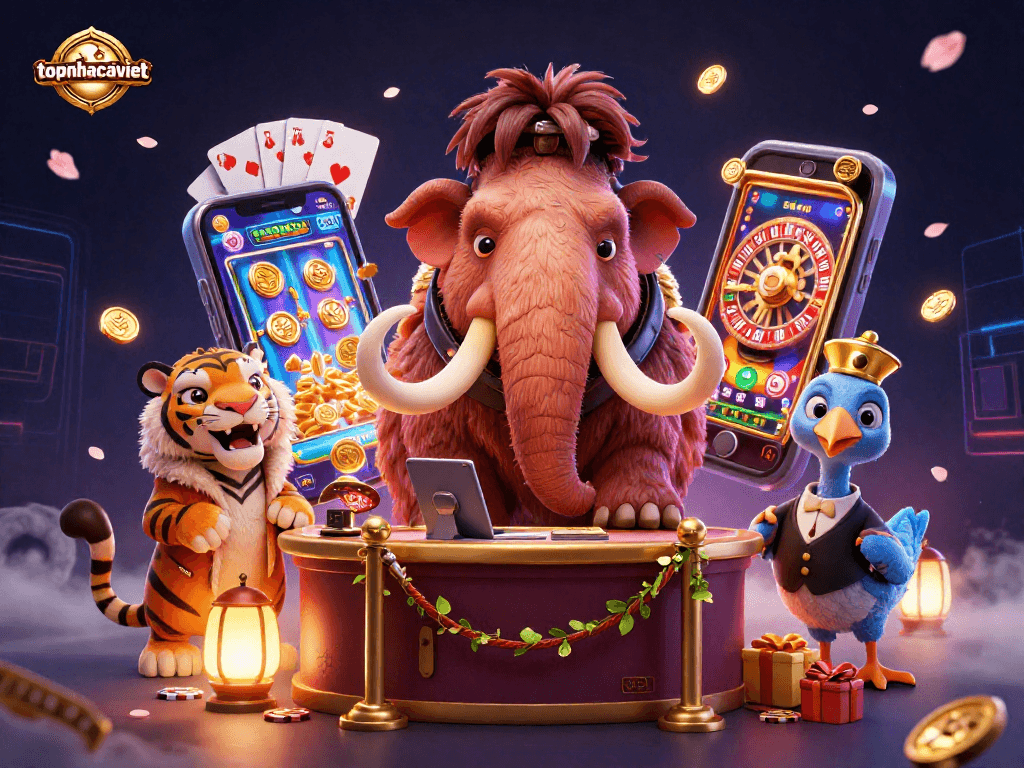 Engage with topnhacaiviet's lively 3D illustration showcasing a vibrant casino scene with unique characters and dynamic gaming elements.