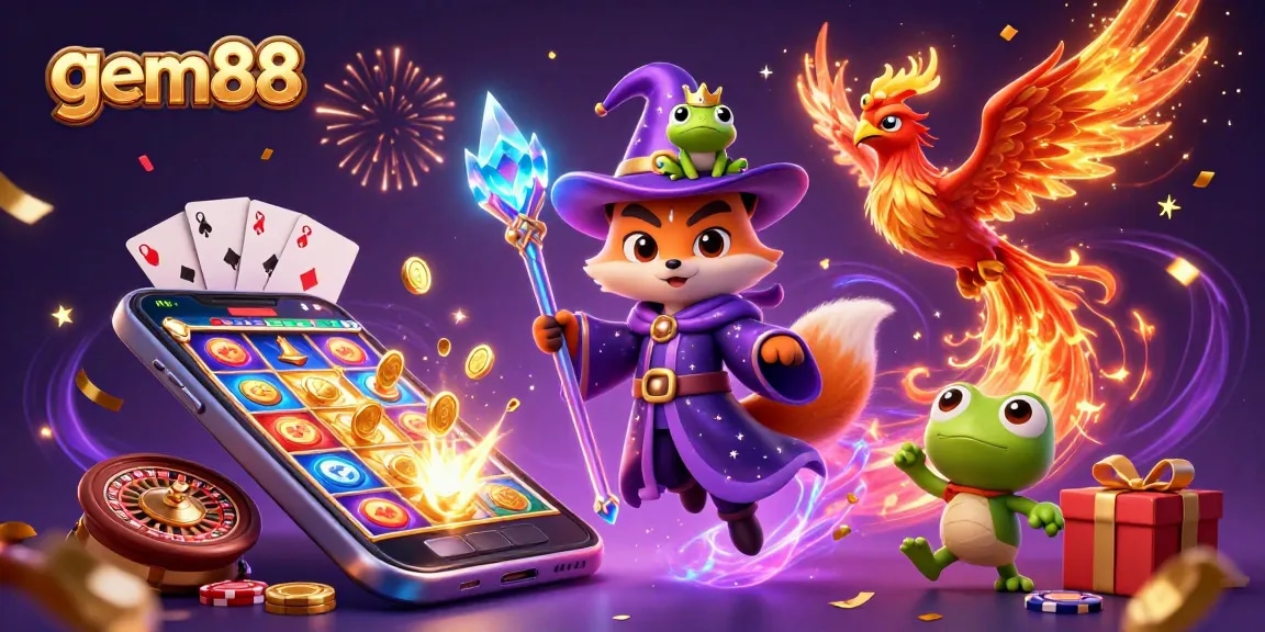 gem88 summons excitement with vibrant gaming elements in this 3D casino scene.