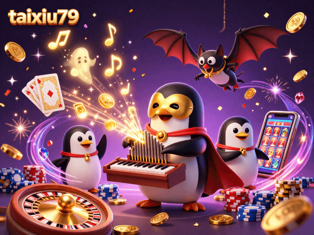 Experience thrilling taixiu79 action with a golden opera penguin amidst cascading coins and vibrant gaming elements.