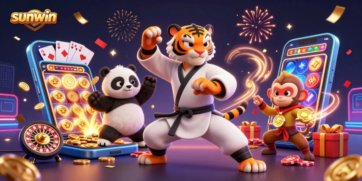 Experience the thrill of sunwin as playful cartoon characters engage in an exciting casino scene.