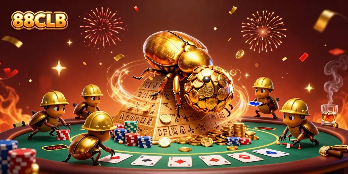 Engage with 88CLB as a golden dung beetle rolls a jackpot of coins towards a casino pyramid.