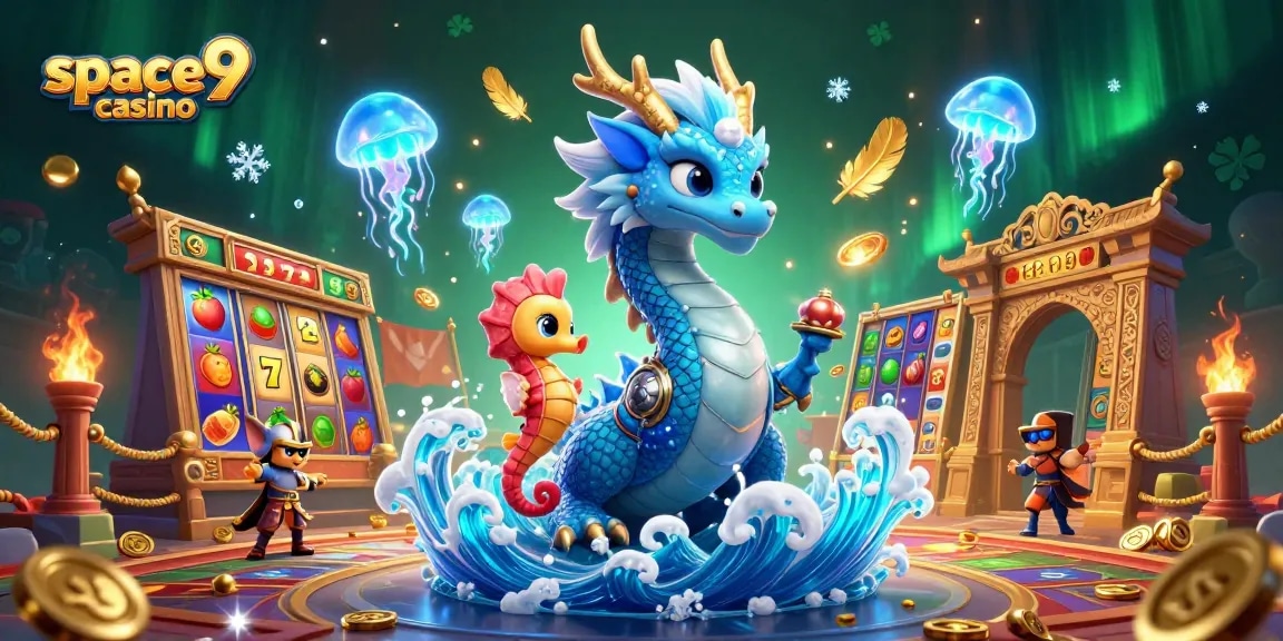 Experience thrill at Space9 Casino with majestic dragon, seahorse knight, and colorful slots