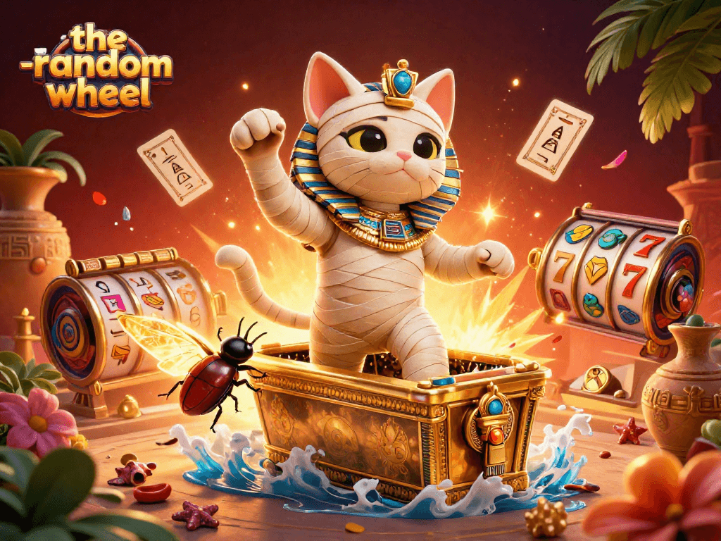 Spin and win with the-random-wheel, featuring a thrilling mummy cat slot adventure in a vibrant casino.