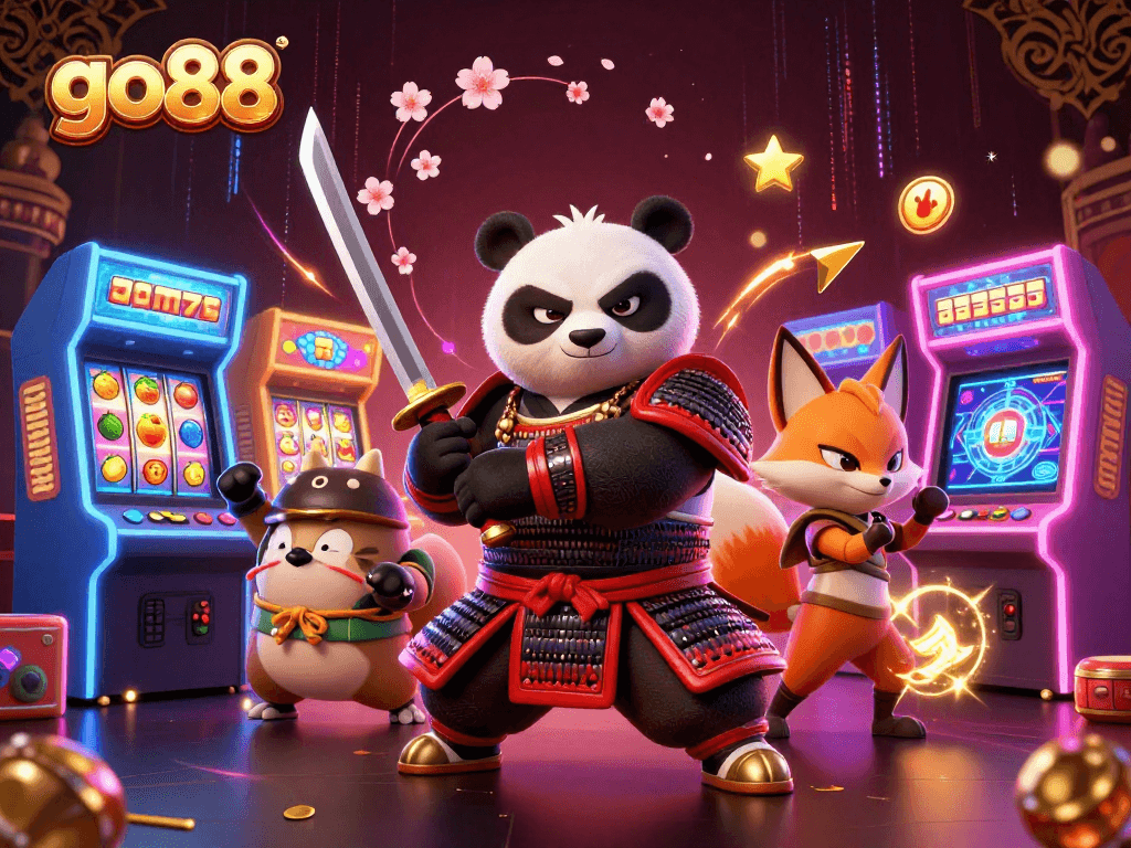 Engage with go88's vibrant casino experience featuring samurai panda and ninja fox in action.