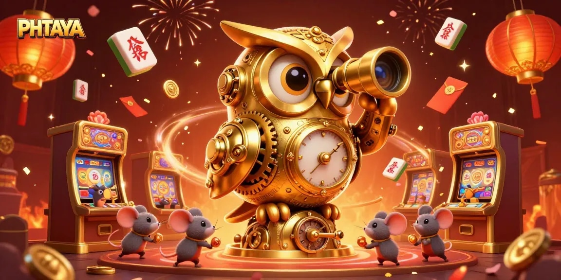 PHTAYA's vibrant casino scene showcasing a golden owl and wind-up mice amidst joyful gaming elements