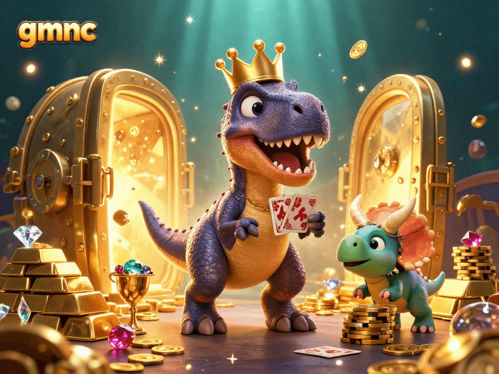 Join the fun with gmnc as a T-Rex shuffles cards with its tiny arms in a vibrant casino scene.