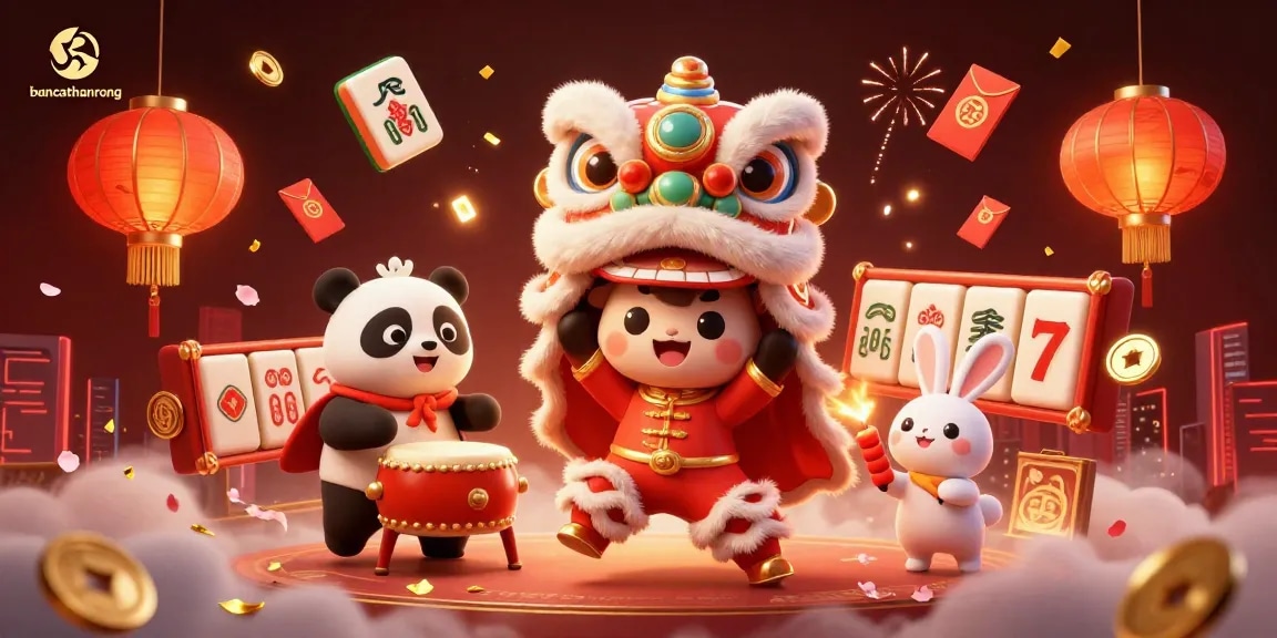 Bancathanrong showcases a vivid casino scene with lion dance characters, drumming panda, and slot reels.