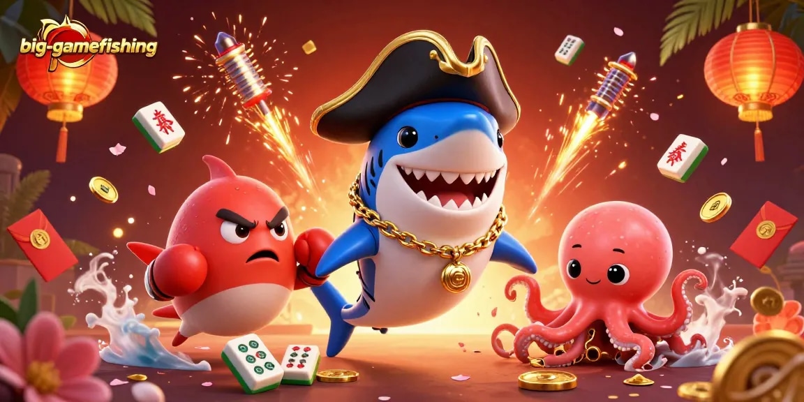 Engage in big-gamefishing with a lively pirate shark, pufferfish, and octopus in an action-packed casino scene!