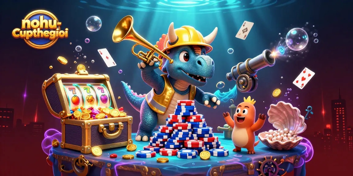 Nohu-cupthegioi: Exciting poker-themed scene with triceratops, slot reels, and treasure for gamblers.