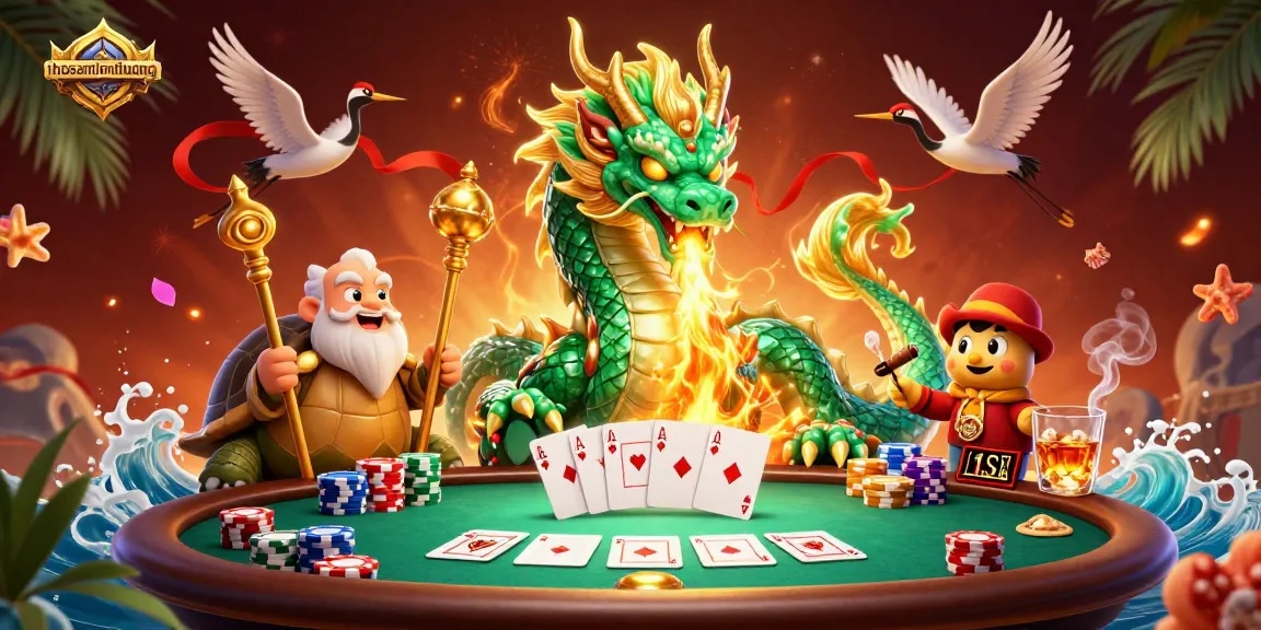 Engage with thosantienthuong's thrilling 3D casino scene featuring a jade dragon and poker elements.