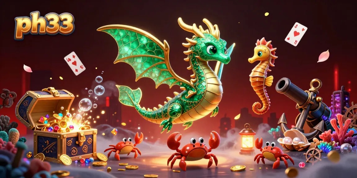 Experience excitement with ph33's adventurous games, featuring a sea dragon, treasure chest, and live casino elements.