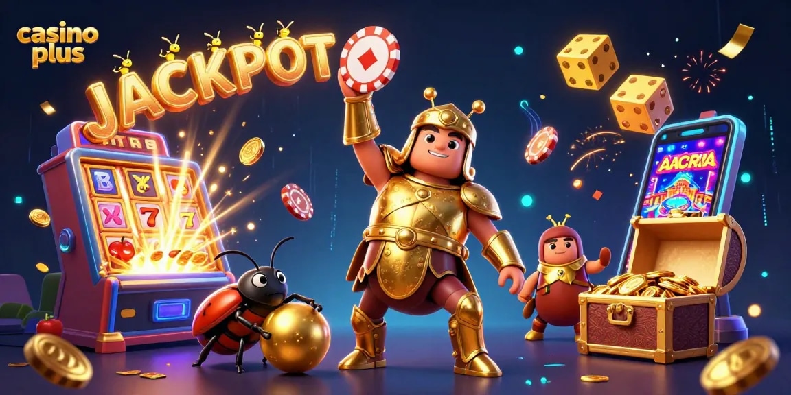 Experience casino plus action with a victorious beetle lifting a chip amid jackpot excitement.