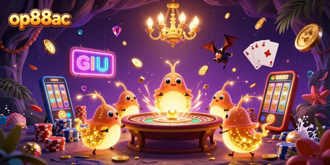 Experience the dynamic energy of op88ac with glowing glowworms in a vibrant casino scene.