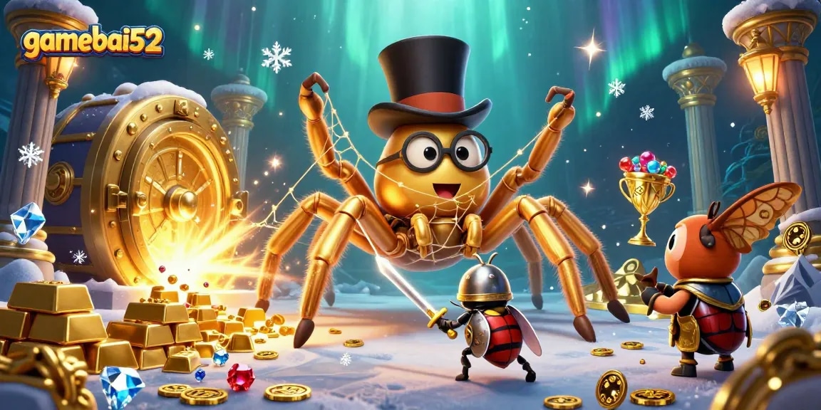 Play gamebai52 with thrilling casino adventure featuring a golden tarantula and brave beetle knight.