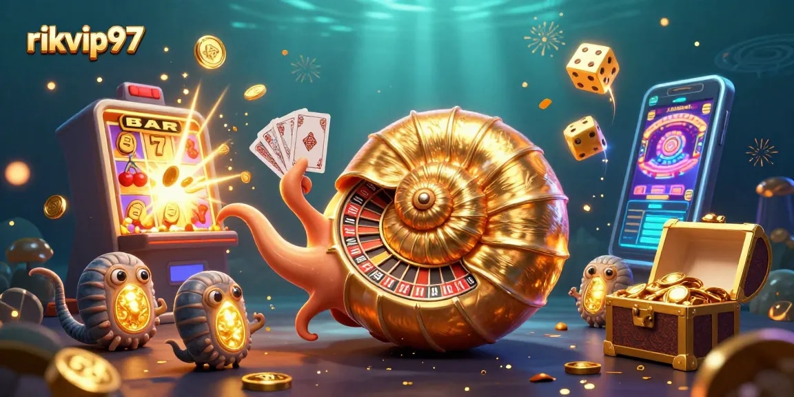 Engage with rikvip97's thrilling casino-themed adventure featuring a giant rouletted nautilus.